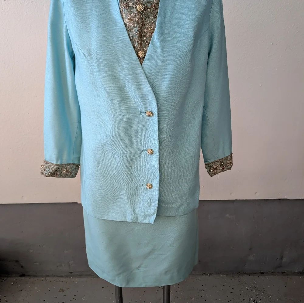 Vintage Dress Jackie Kennedy Style Blue Sleeveless  Matching Coat Silver Detail - Picture 4 of 7